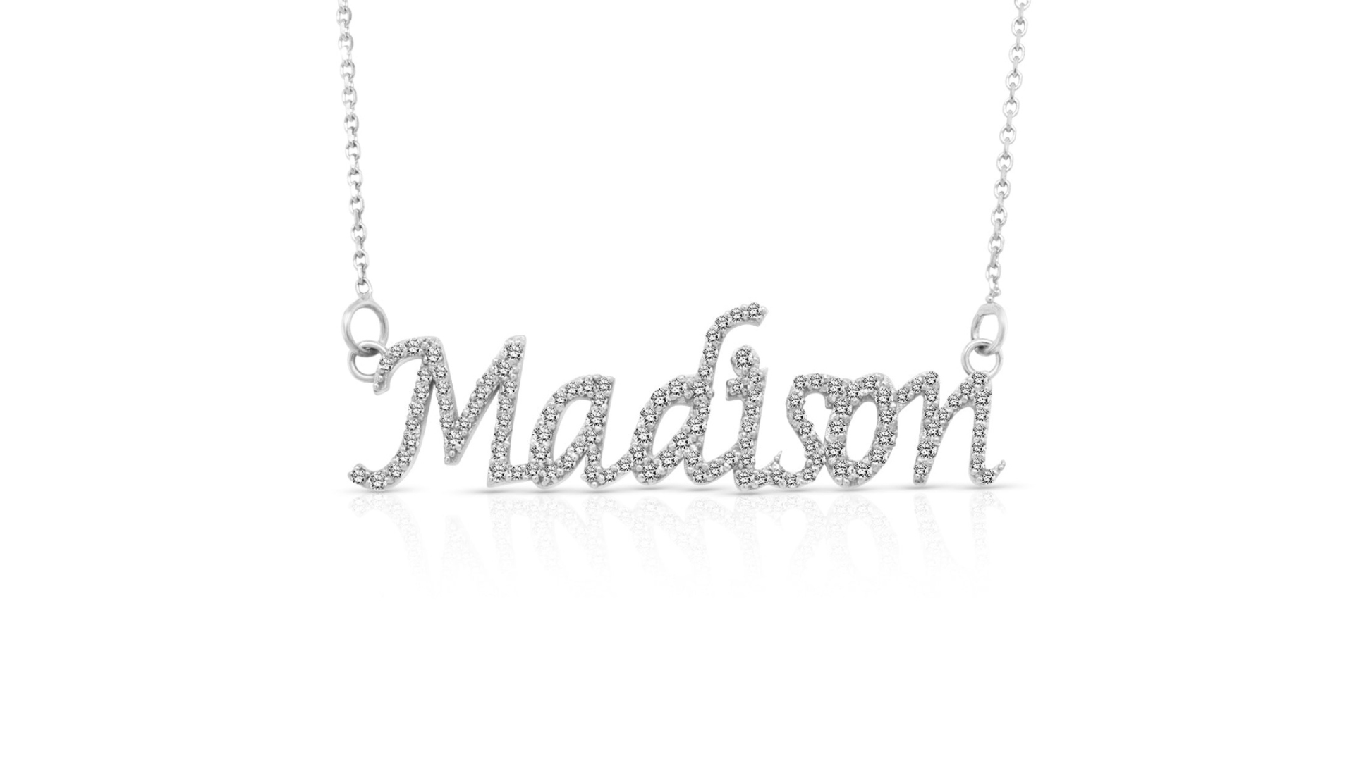 14 karat white gold diamond name necklace with the name "Madison" on a white background