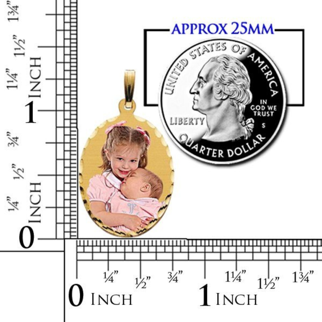 A custom oval photo pendant shown next to a US quarter dollar coin for scale, with ruler markings