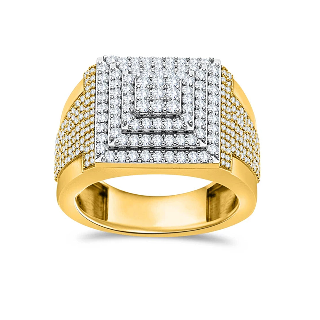 Men's 14K yellow gold ring with a stepped square cluster of round lab grown diamonds and diamond-set shoulders