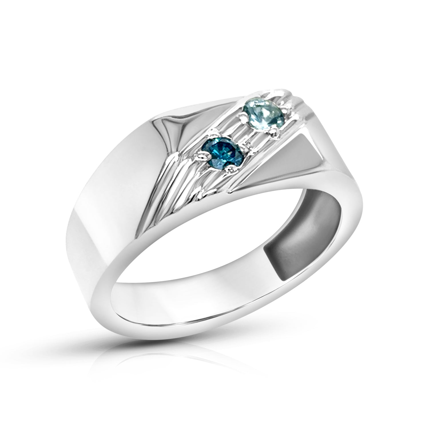 Silver ring with blue gemstones on a white background