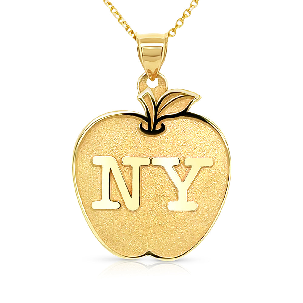 Completed 14kt yellow gold New York Big Apple pendant laser-engraved and hand-finished by AJ's Jewelry in Ridgewood Queens NY