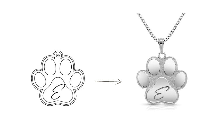 White gold necklace with initial letter in the center of the paw on a white background