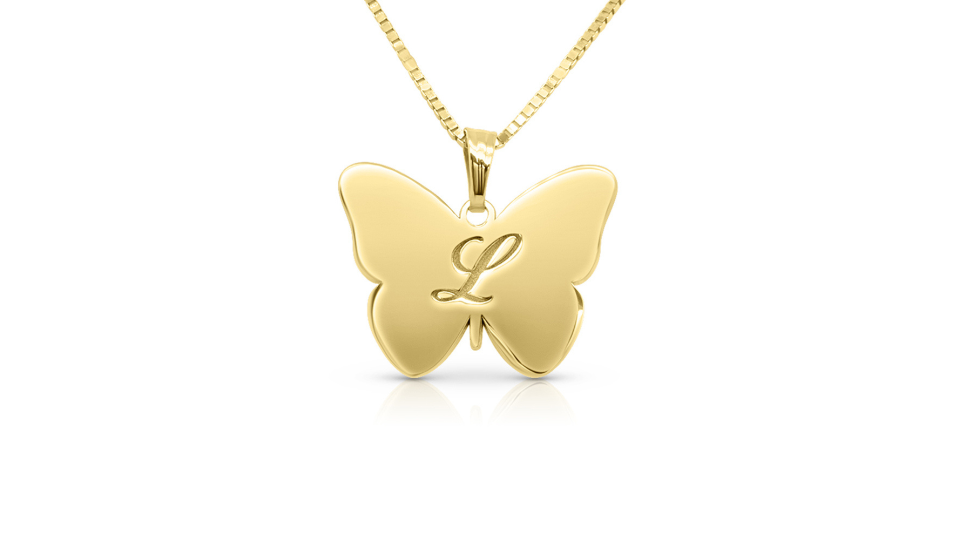 14 karat yellow gold personalized butterfly pendant with engraved initial banner — AJ's Jewelry Ridgewood Queens NY