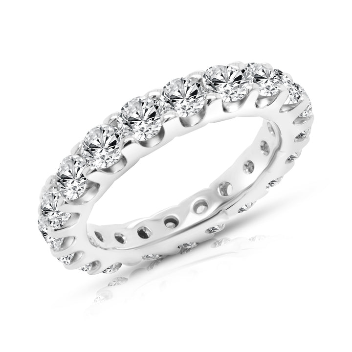 Platinum 3ct lab grown diamond eternity band, angled three-quarter view