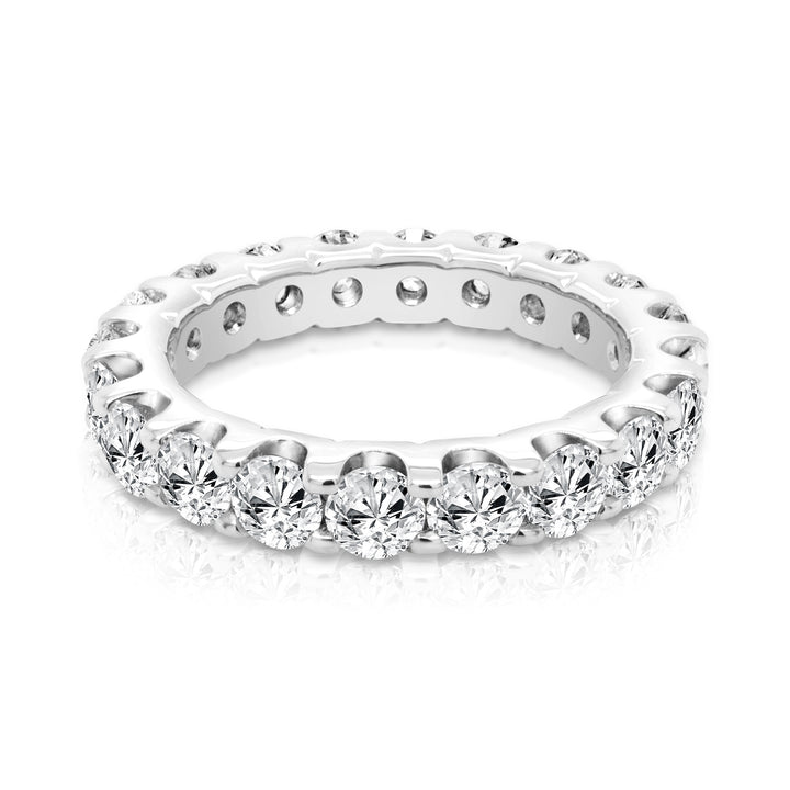 Platinum 3ct lab grown diamond eternity band, front view of the shared-prong round diamonds