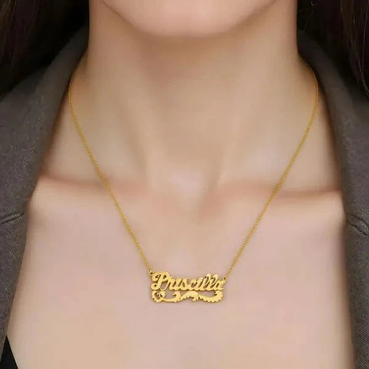 Model wearing the 14 Karat Diamond Cut Name Necklace in 14K yellow gold personalized with the name Priscilla | AJ's Jewelry