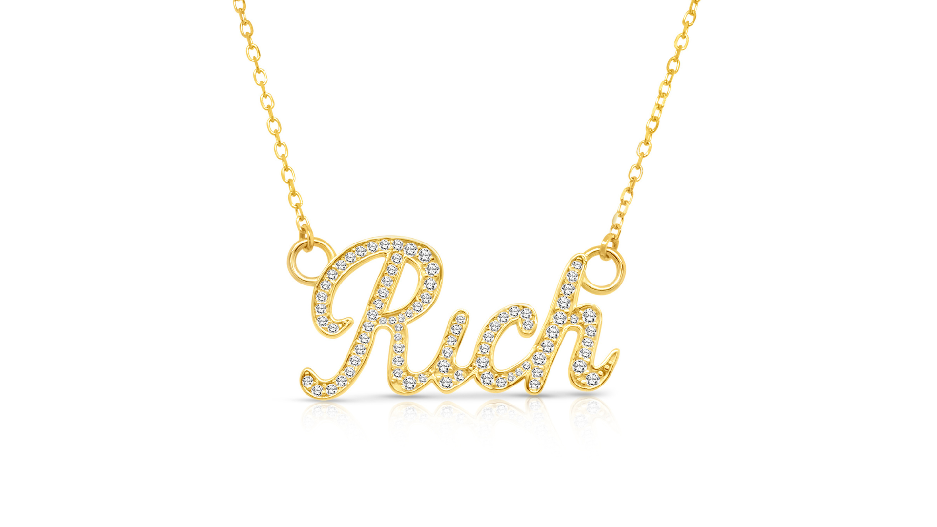An image showing the final product of the Custom 14 Karat Yellow Gold Diamond Name Necklace