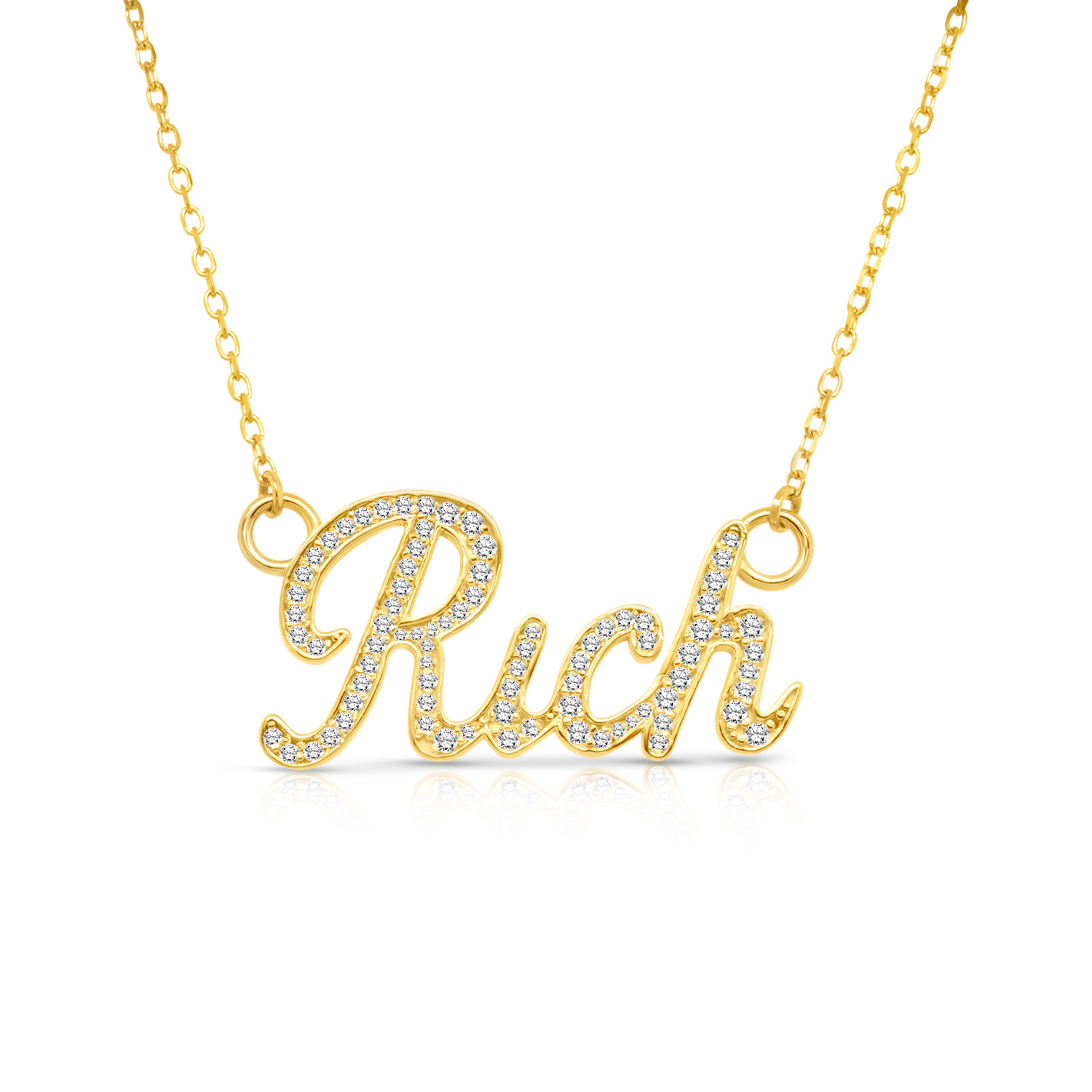 An image showing the final product of the Custom 14 Karat Yellow Gold Diamond Name Necklace