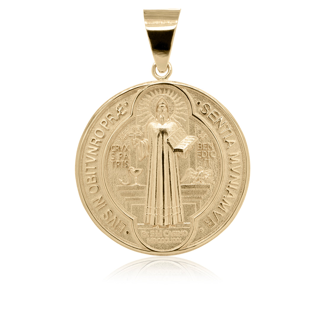 Completed 14kt yellow gold Saint Benedict medal pendant enlarged from a keychain by AJ's Jewelry in Ridgewood Queens NY