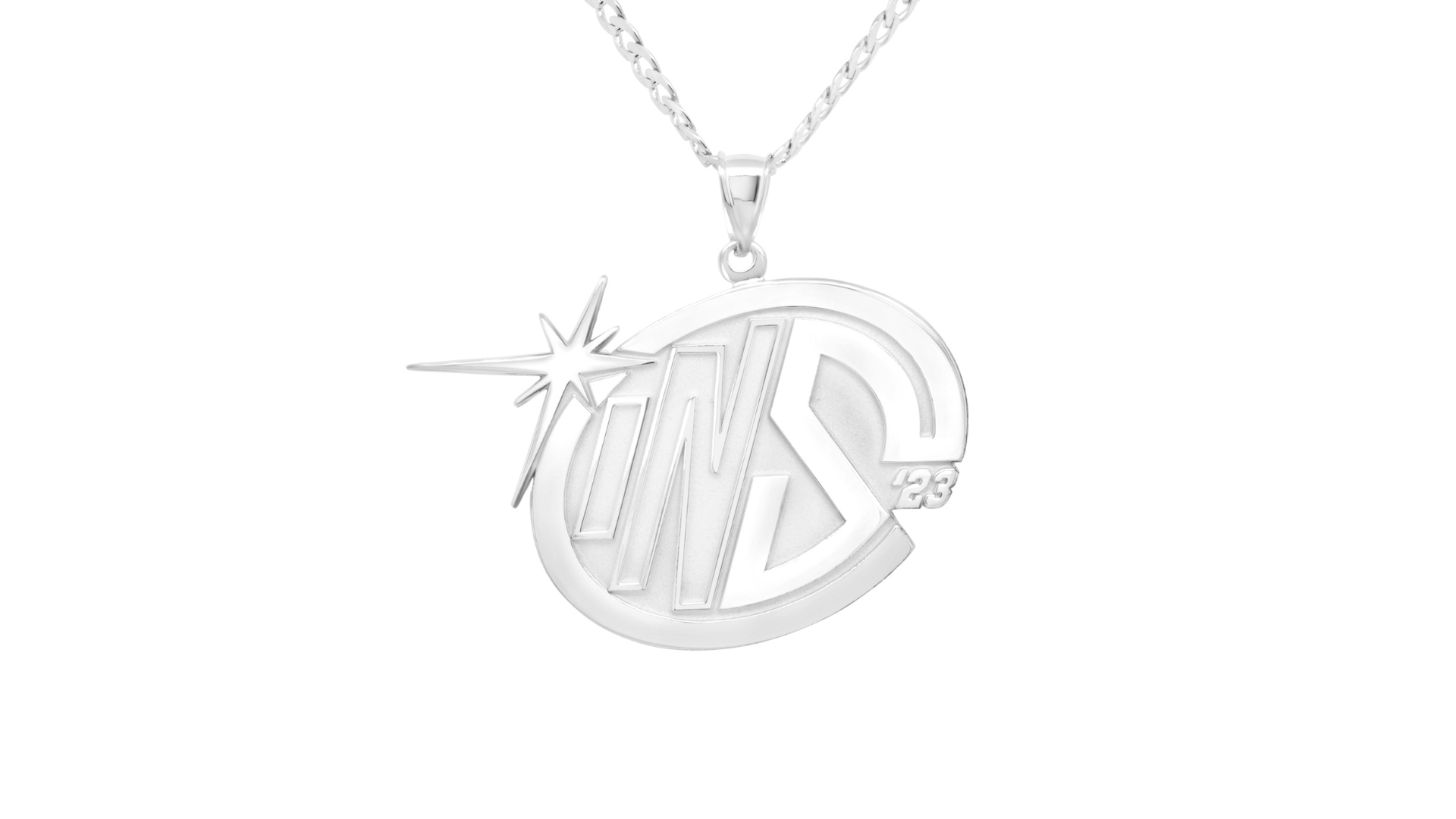 An image showing the final product of the Custom Sterling Silver Logo Pendant