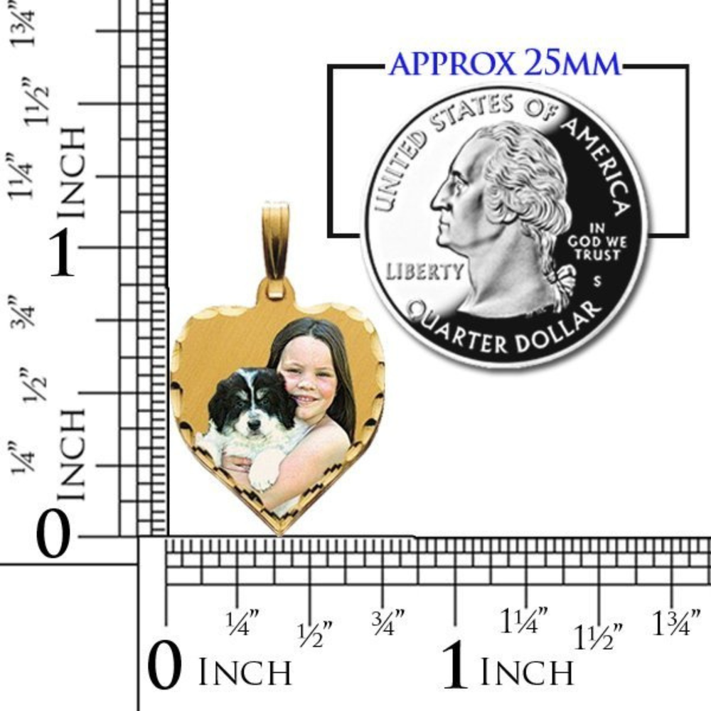 A heart-shaped gold picture pendant featuring a custom photo of a girl hugging a black and white puppy, shown on a measuring grid with a quarter for size comparison