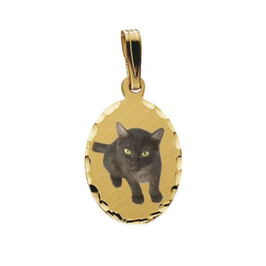 A gold oval pendant charm featuring a picture black cat with green eyes, shown on a plain white background.