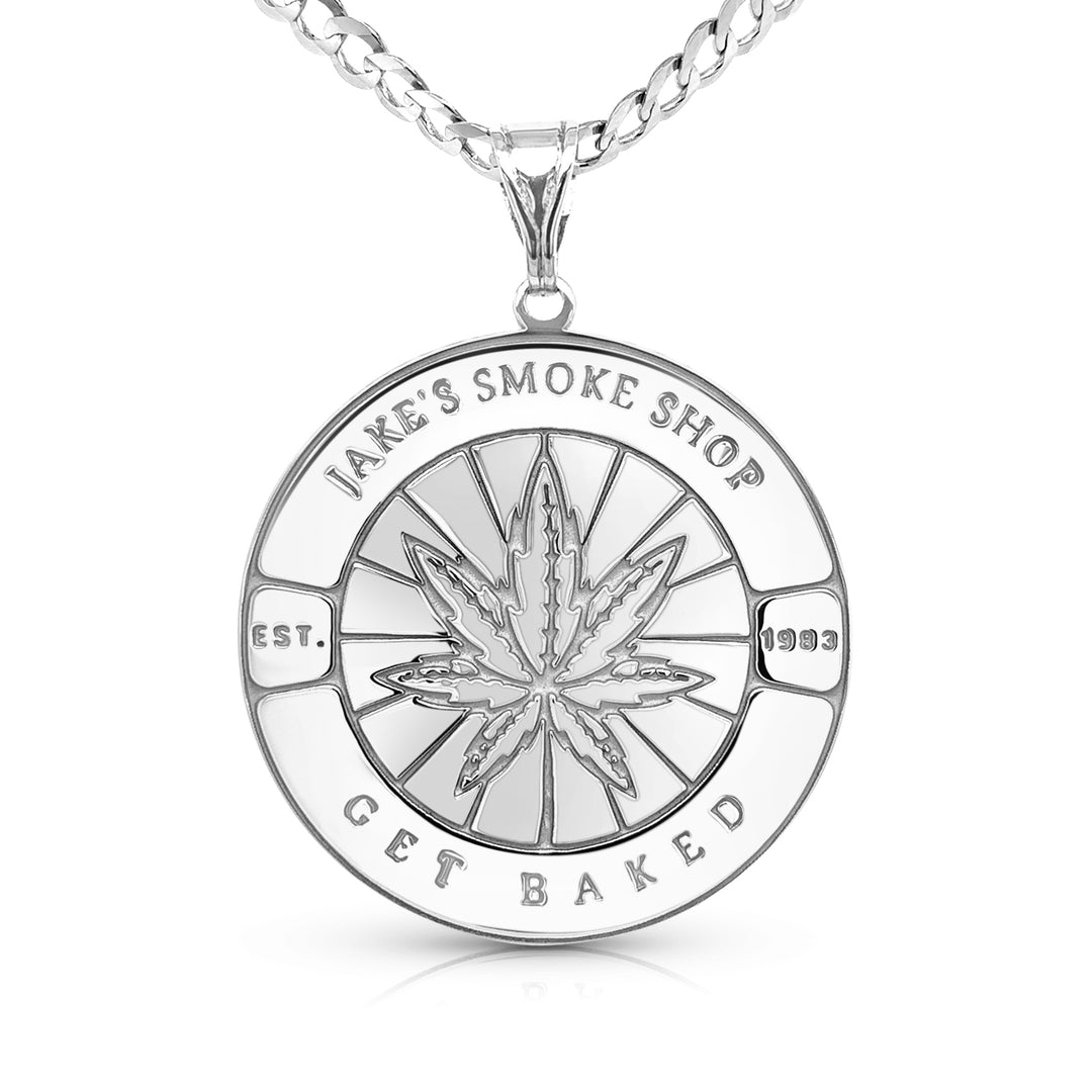 Completed sterling silver smoke shop logo pendant laser-engraved and hand-finished by AJ's Jewelry in Ridgewood Queens NY