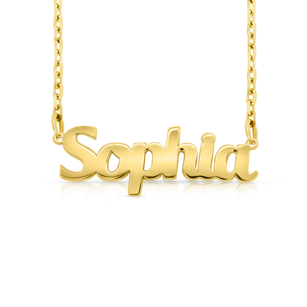 A gold nameplate necklace spelling 'Sophia' in a bold font, suspended from a delicate gold chain against a clean white background.  This photo can change appearance depending on the name input using the custom name builder