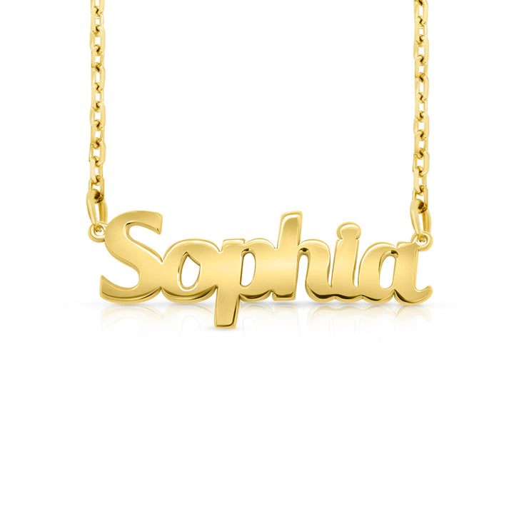 A gold nameplate necklace spelling 'Sophia' in a bold font, suspended from a delicate gold chain against a clean white background.  This photo can change appearance depending on the name input using the custom name builder