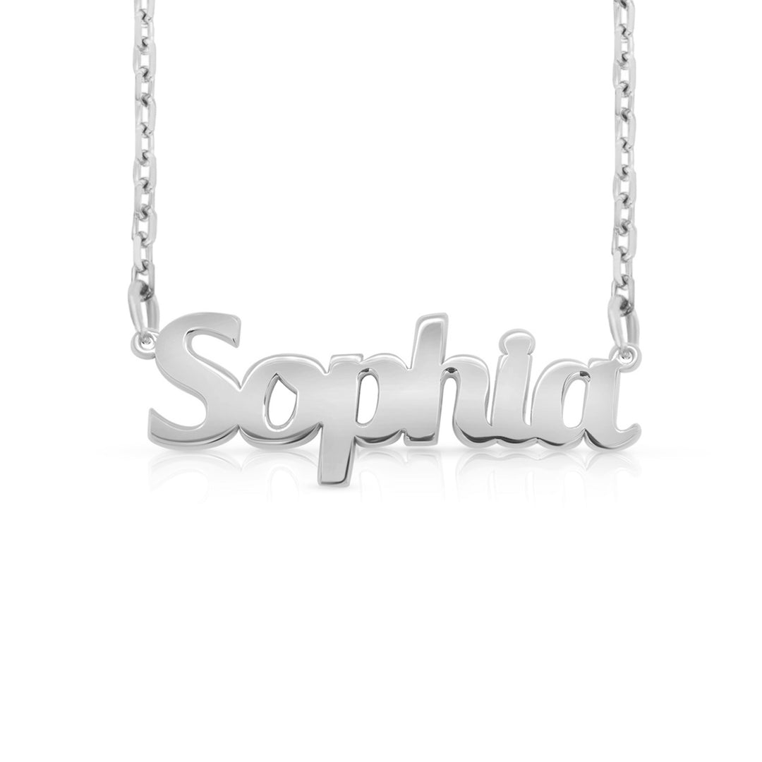 A silver nameplate necklace spelling 'Sophia' in a bold font, suspended from a delicate silver chain against a clean white background.  This photo can change appearance depending on the name input using the custom name builder