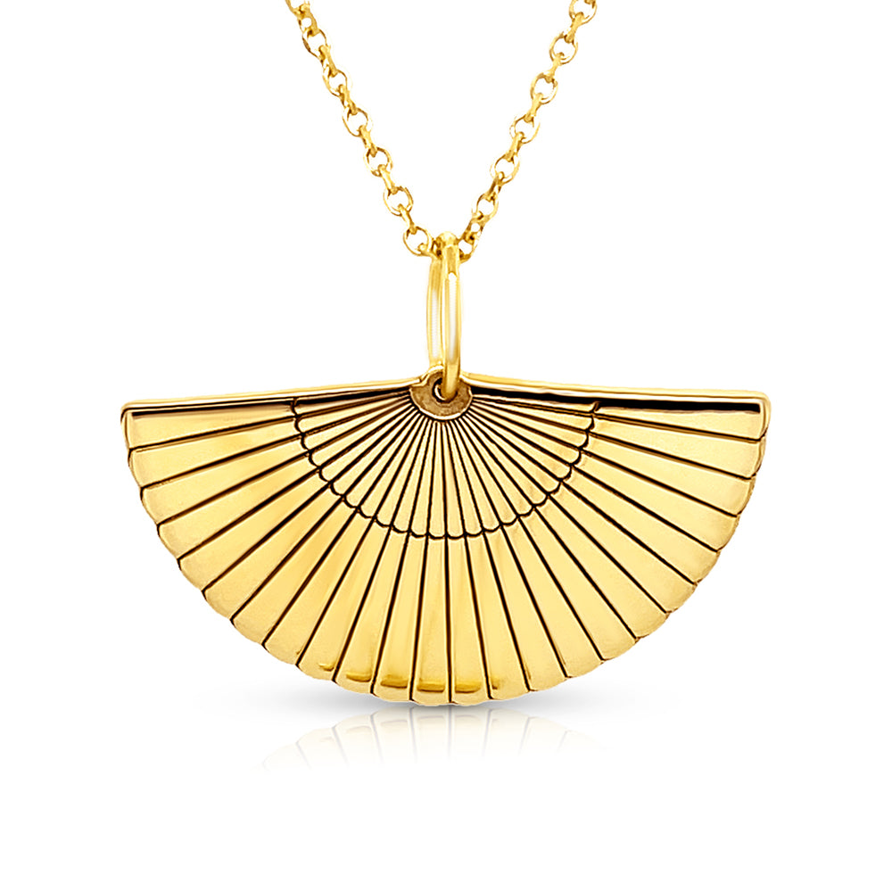 Completed 14kt yellow gold Spanish fan pendant laser-engraved and hand-finished by AJ's Jewelry in Ridgewood Queens NY