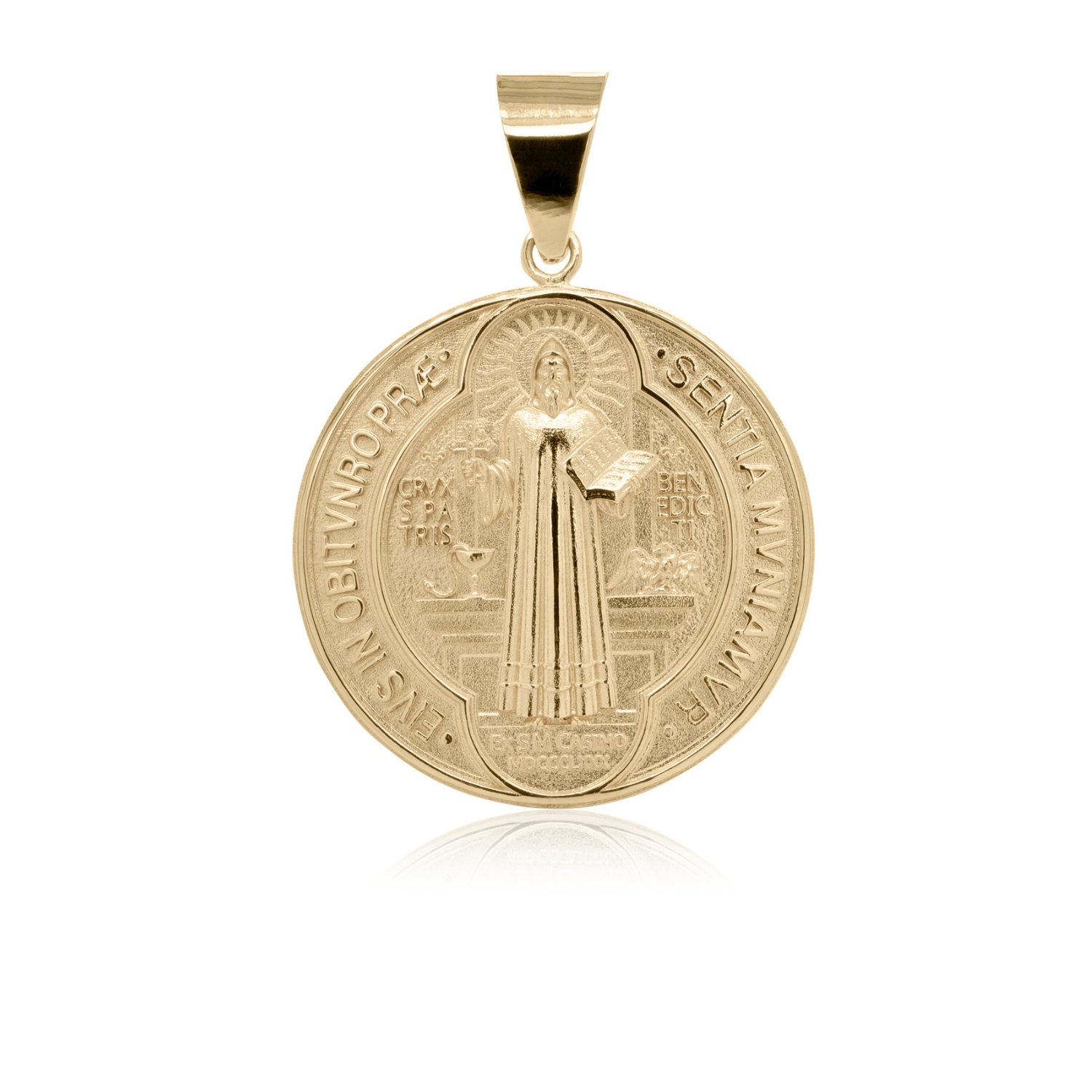 14 karat yellow gold Saint Benedict medal pendant custom devotional jewelry mobile banner — AJ's Jewelry Ridgewood Queens NY