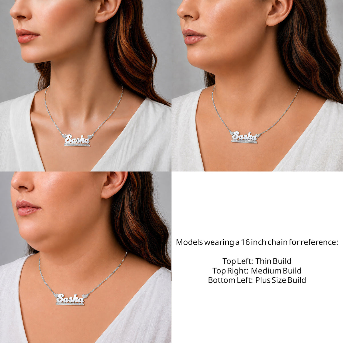 Sterling Silver Bold Name Necklace with Two Hearts on a 16-inch chain shown on thin, medium and plus-size models for size reference – AJ's Jewelry