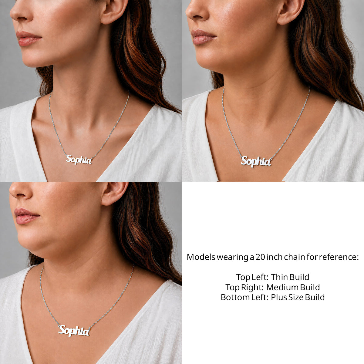 Sterling Silver Bold Print Name Necklace on a 20-inch chain shown on thin, medium and plus-size models for size reference – AJ's Jewelry