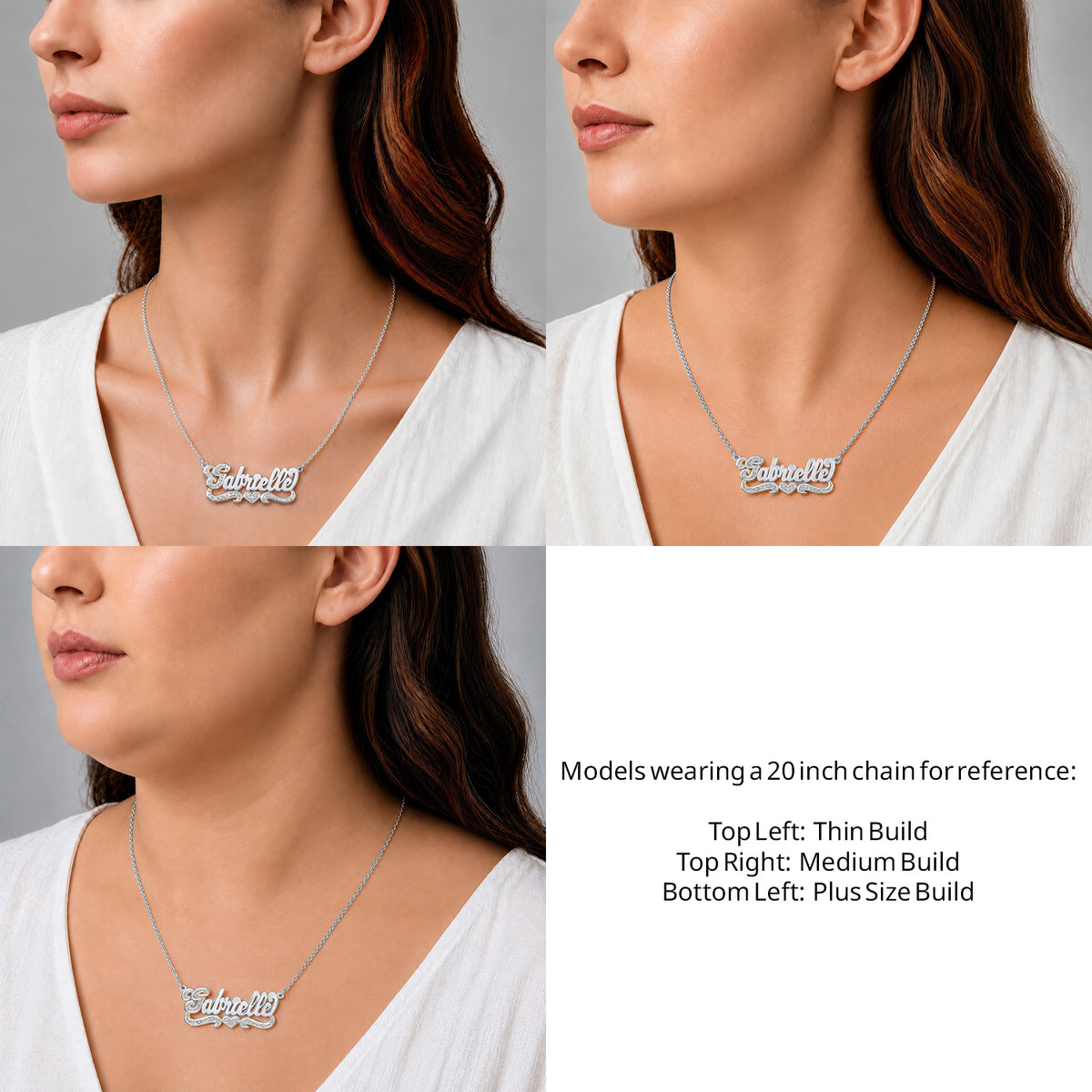 Sterling Silver Bold Script Name Necklace with One Heart on a 20-inch chain shown on thin, medium and plus-size models for size reference – AJ's Jewelry