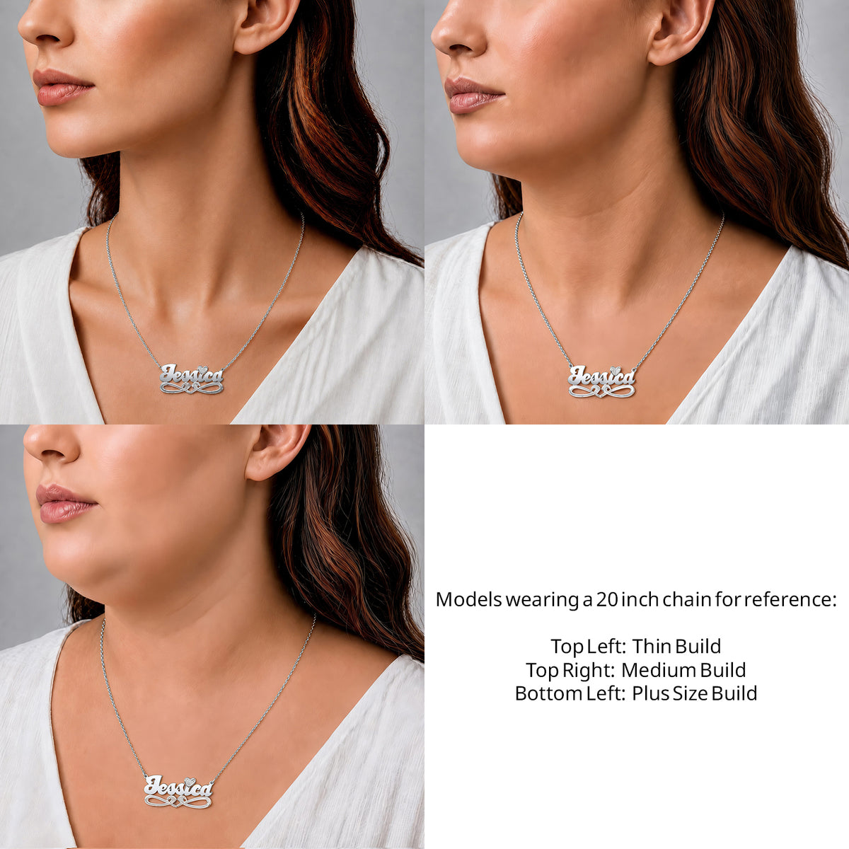Sterling Silver Bold Script Name Necklace with Tail on a 20-inch chain shown on thin, medium and plus-size models for size reference – AJ's Jewelry