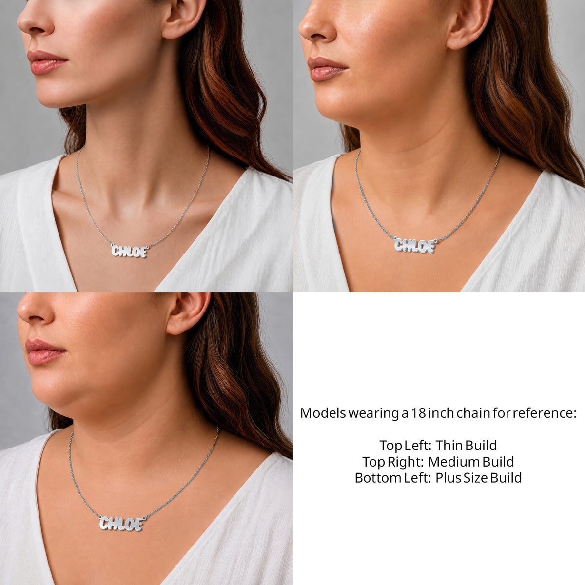 Sterling Silver Bubble Letter Name Necklace on an 18-inch chain shown on thin, medium and plus-size models for size reference – AJ's Jewelry