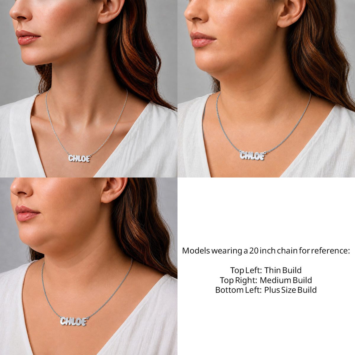 Sterling Silver Bubble Letter Name Necklace on a 20-inch chain shown on thin, medium and plus-size models for size reference – AJ's Jewelry