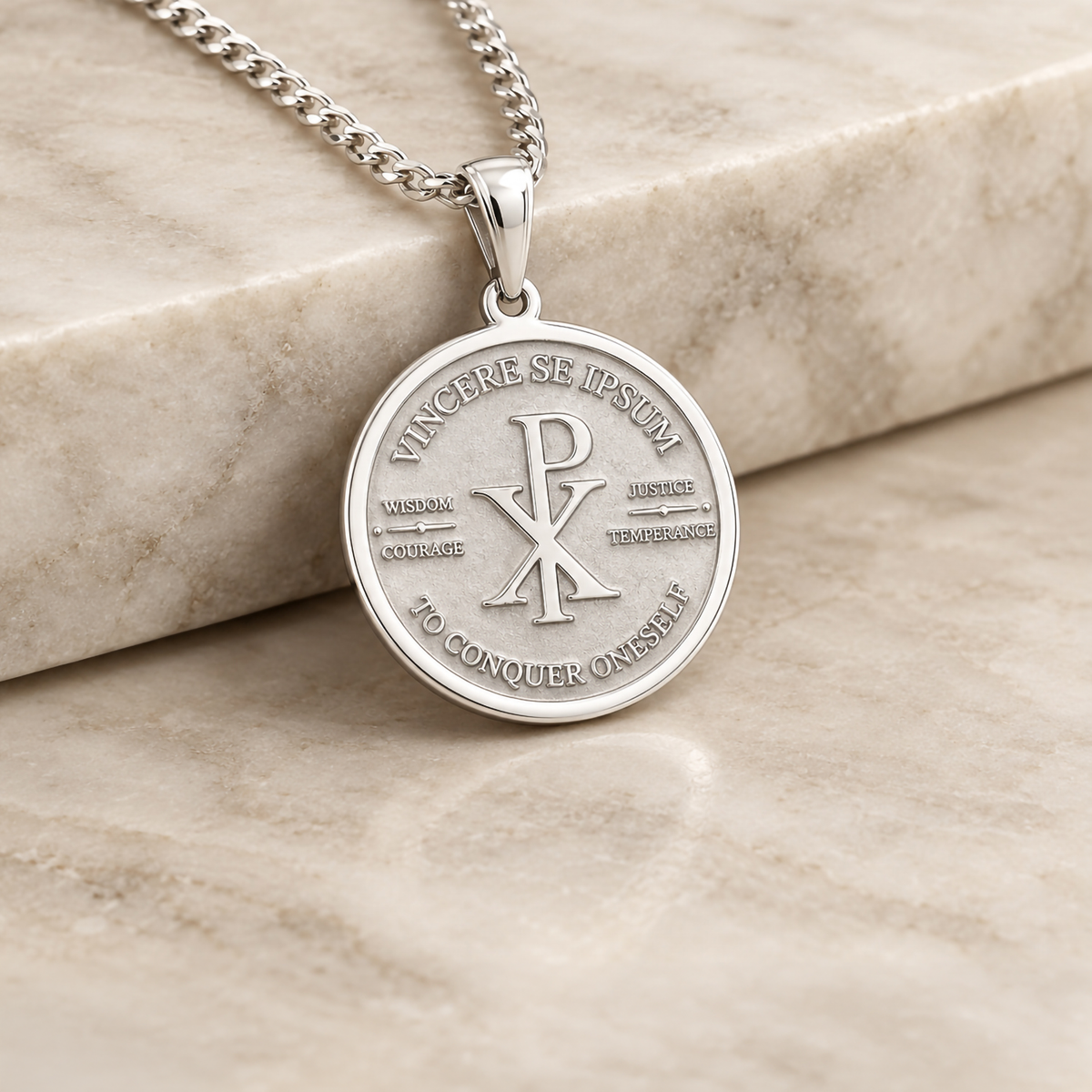 Custom sterling silver religious pendant with the Chi Rho and the words Vincere Se Ipsum, made at AJ's Jewelry in Ridgewood Queens