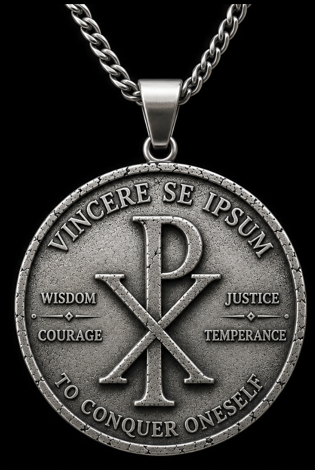 The client's religious design: a round medal with the Chi Rho, the words Vincere Se Ipsum and the four cardinal virtues
