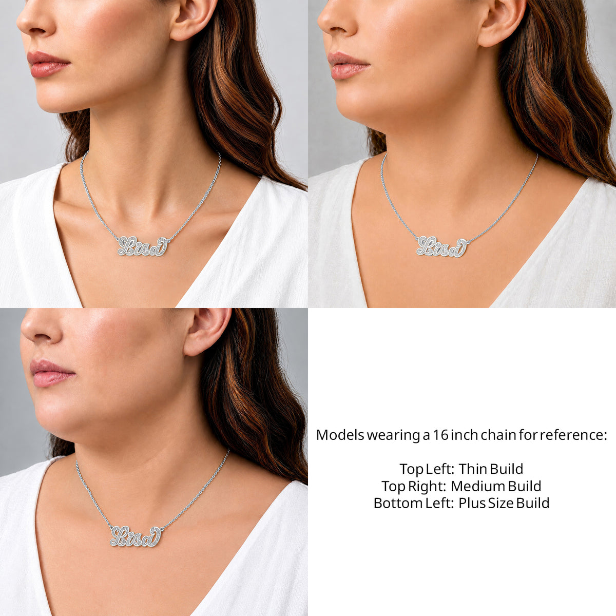Sterling Silver Diamond Cut 3D Name Necklace on a 16-inch chain shown on thin, medium and plus-size models for size reference – AJ's Jewelry