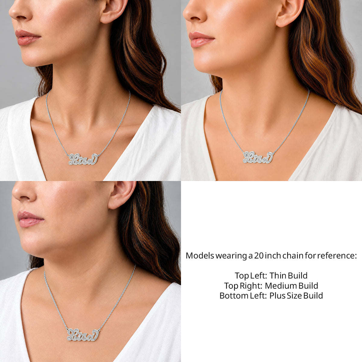 Sterling Silver Diamond Cut 3D Name Necklace on a 20-inch chain shown on thin, medium and plus-size models for size reference – AJ's Jewelry