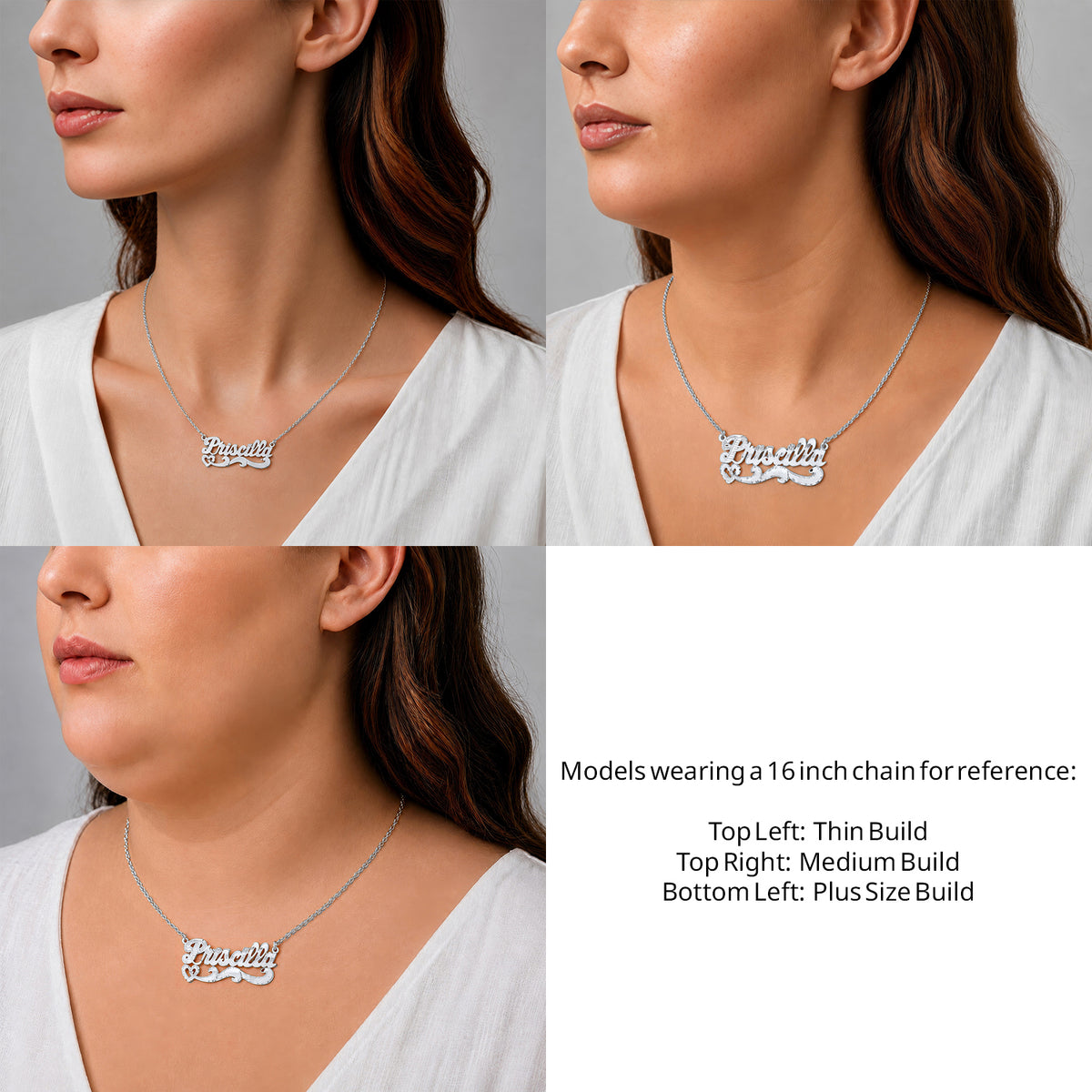 Sterling Silver Diamond Cut Name Necklace on a 16-inch chain shown on thin, medium and plus-size models for size reference – AJ's Jewelry