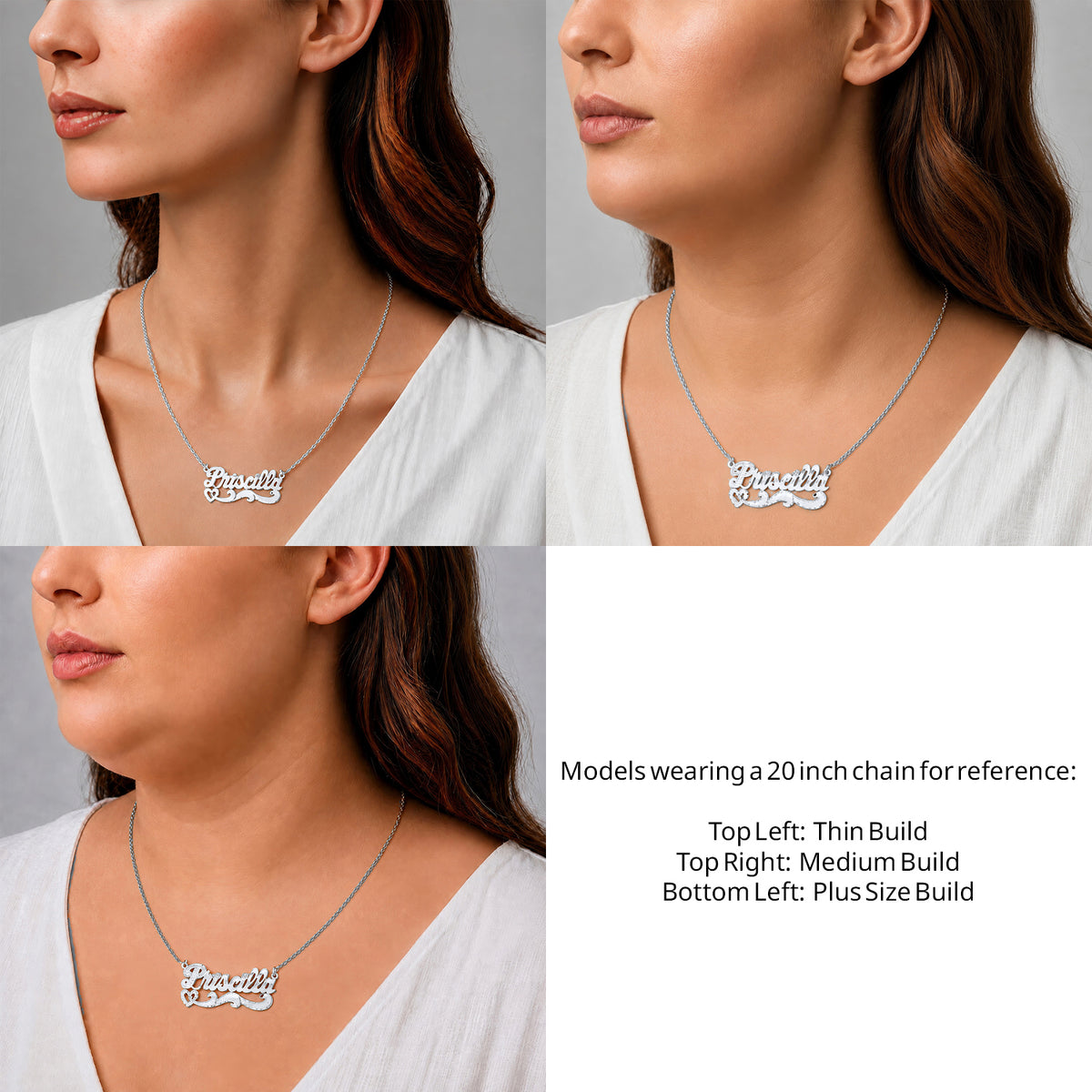 Sterling Silver Diamond Cut Name Necklace on a 20-inch chain shown on thin, medium and plus-size models for size reference – AJ's Jewelry