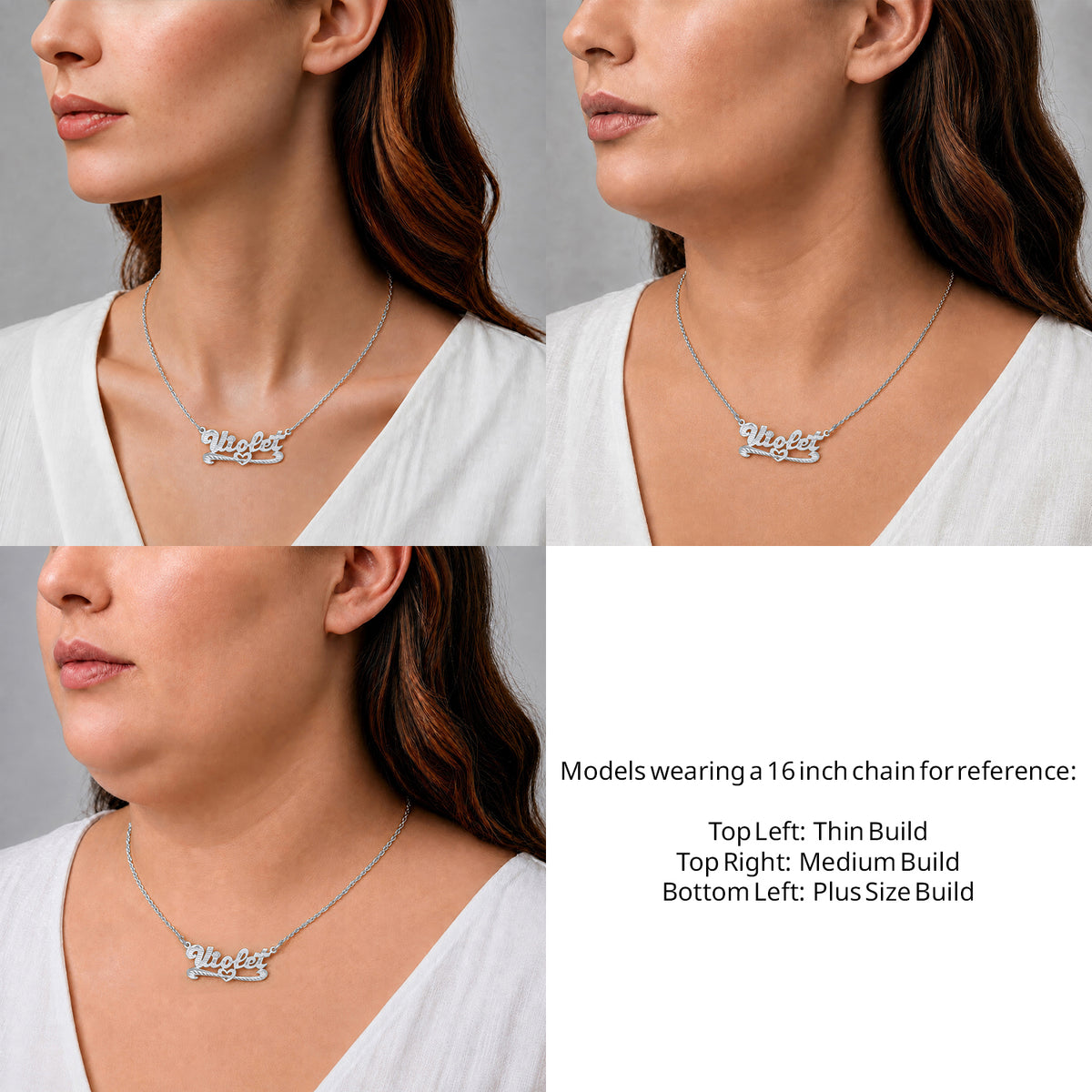 Sterling Silver Diamond Cut Name Necklace with Strikethrough Heart on a 16-inch chain shown on thin, medium and plus-size models for size reference – AJ's Jewelry