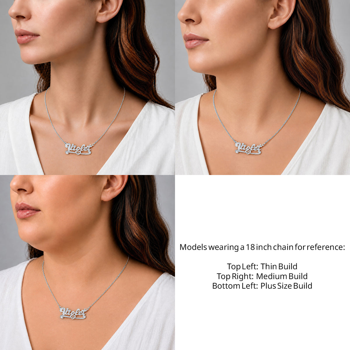 Sterling Silver Diamond Cut Name Necklace with Strikethrough Heart on an 18-inch chain shown on thin, medium and plus-size models for size reference – AJ's Jewelry