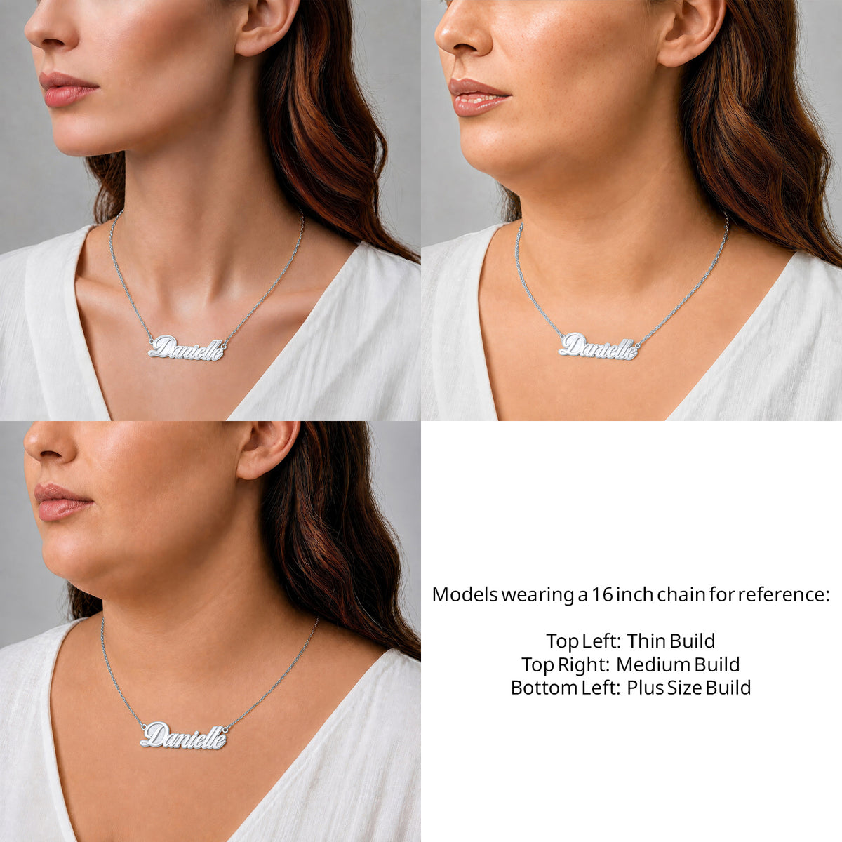 Sterling Silver Fancy Script Name Necklace on a 16-inch chain shown on thin, medium and plus-size models for size reference – AJ's Jewelry