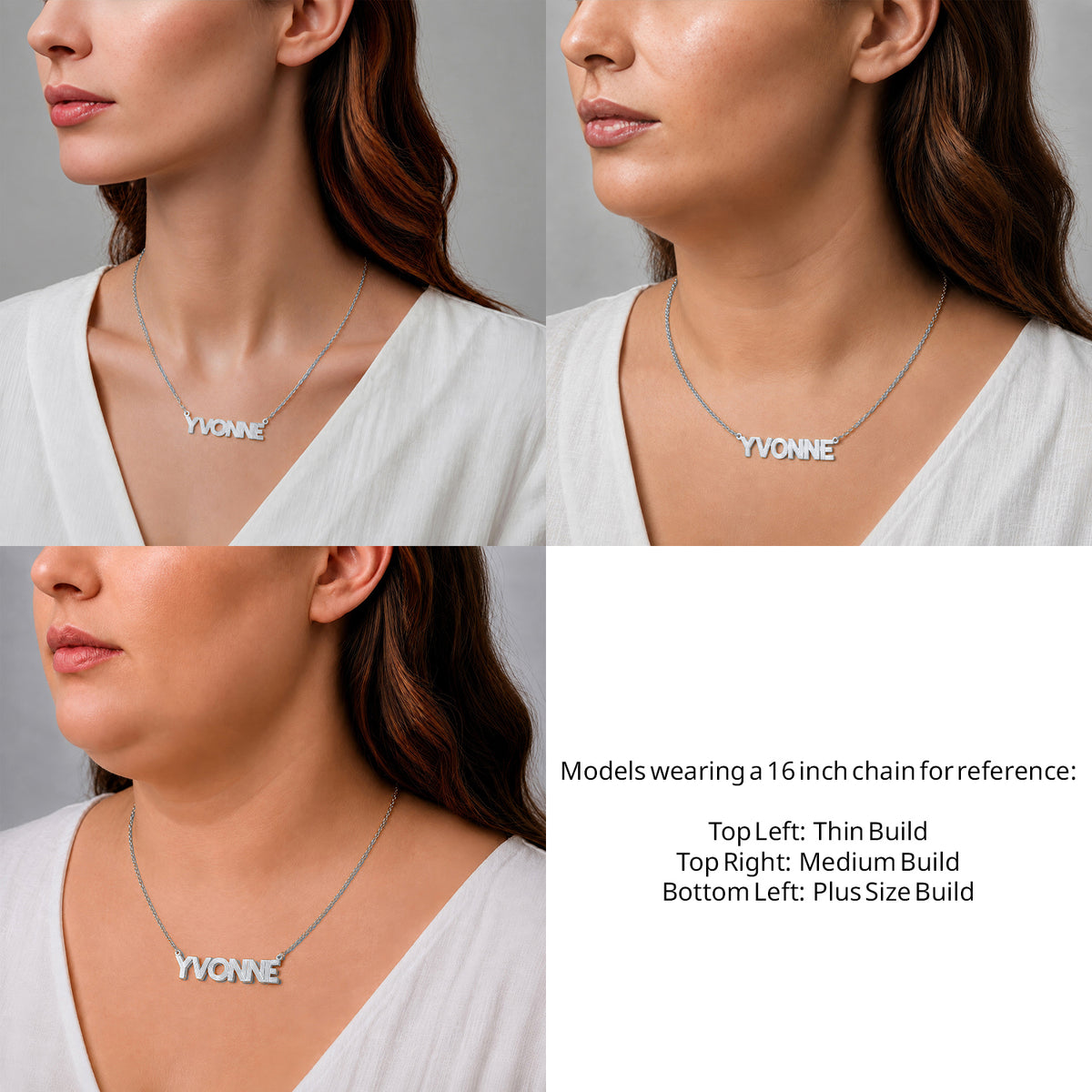 Sterling Silver Fluted Name Necklace on a 16-inch chain shown on thin, medium and plus-size models for size reference – AJ's Jewelry
