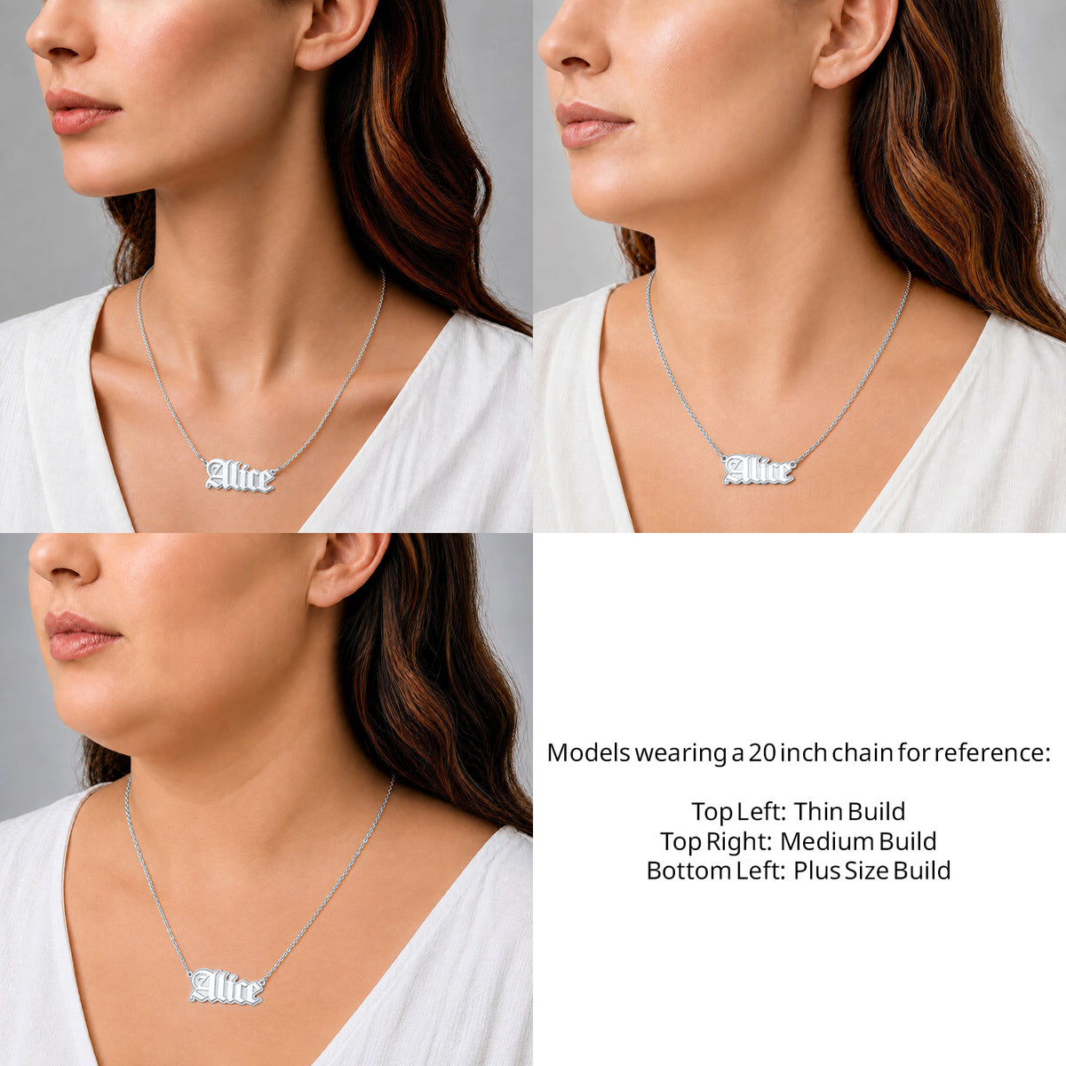 Sterling Silver Gothic Style Name Necklace on a 20-inch chain shown on thin, medium and plus-size models for size reference – AJ's Jewelry