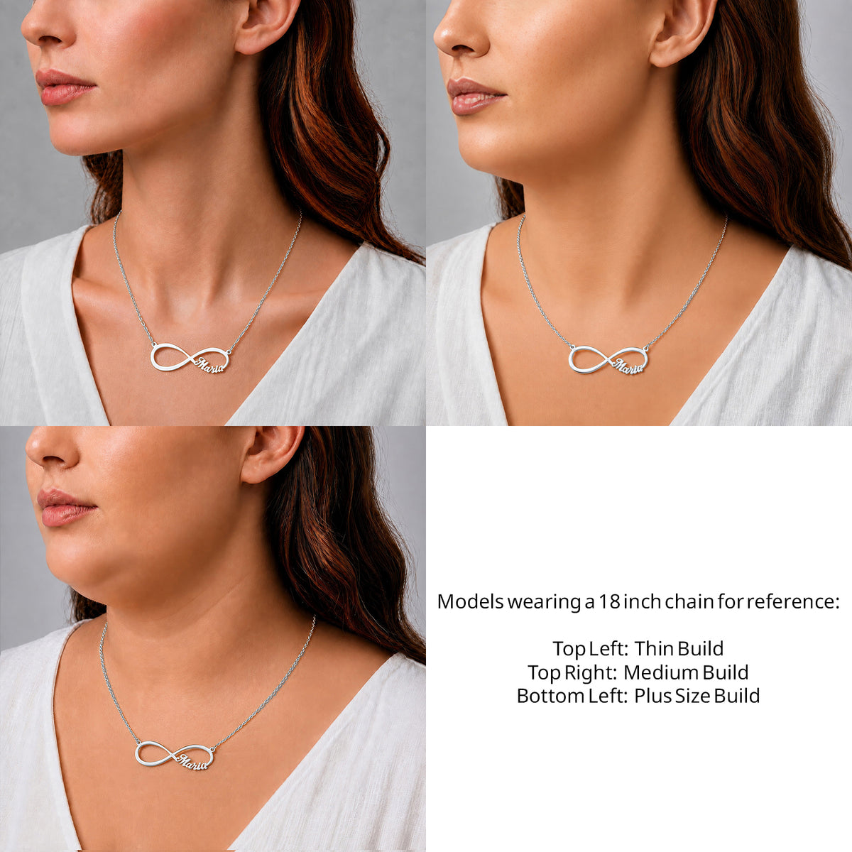 Sterling Silver Infinity Name Necklace on an 18-inch chain shown on thin, medium and plus-size models for size reference – AJ's Jewelry