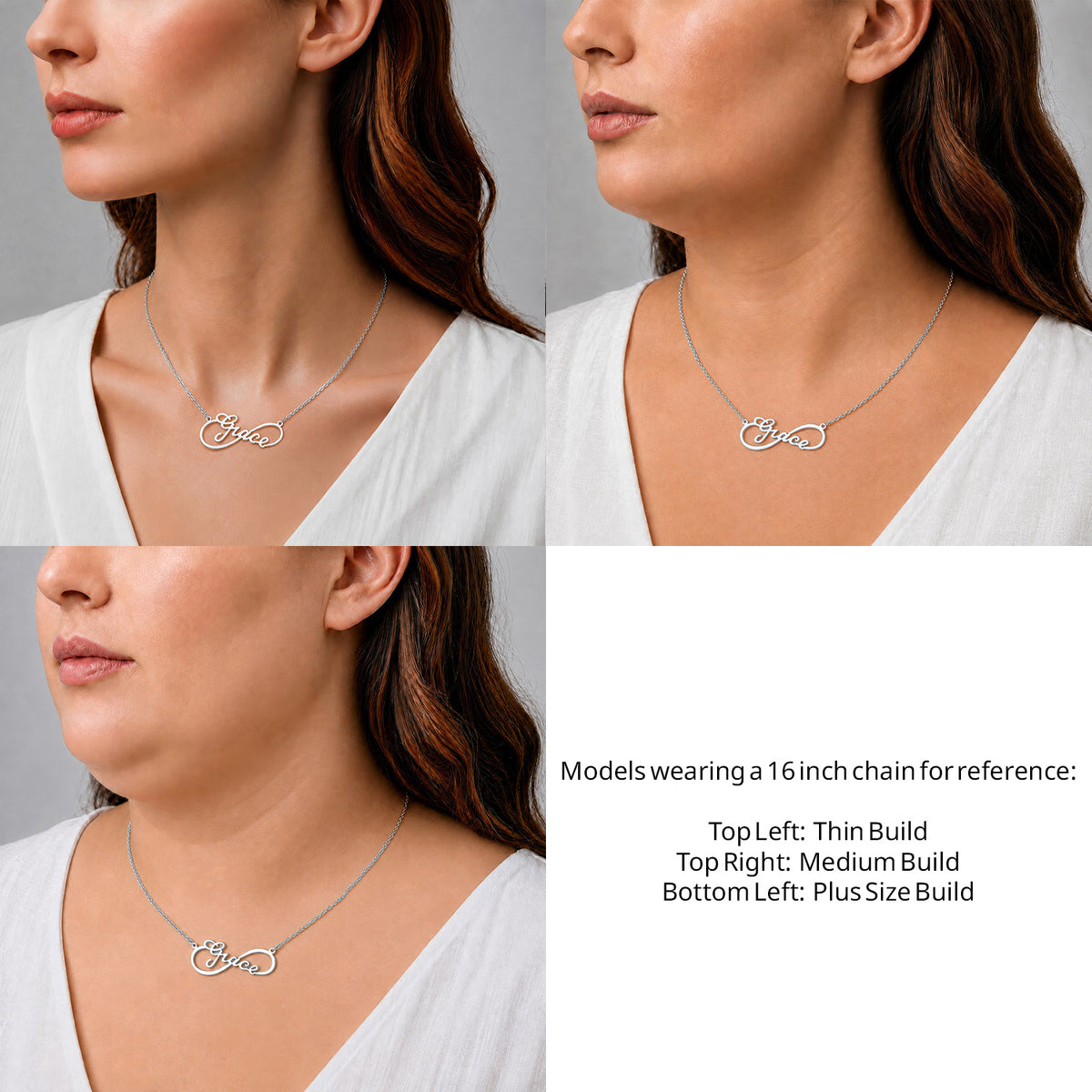 Sterling Silver Infinity Style Name Necklace on a 16-inch chain shown on thin, medium and plus-size models for size reference – AJ's Jewelry