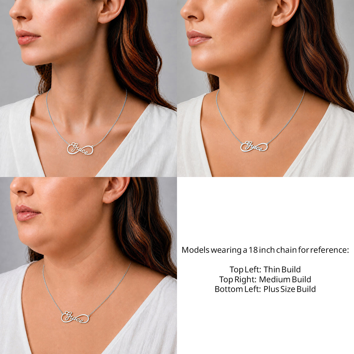 Sterling Silver Infinity Style Name Necklace on an 18-inch chain shown on thin, medium and plus-size models for size reference – AJ's Jewelry