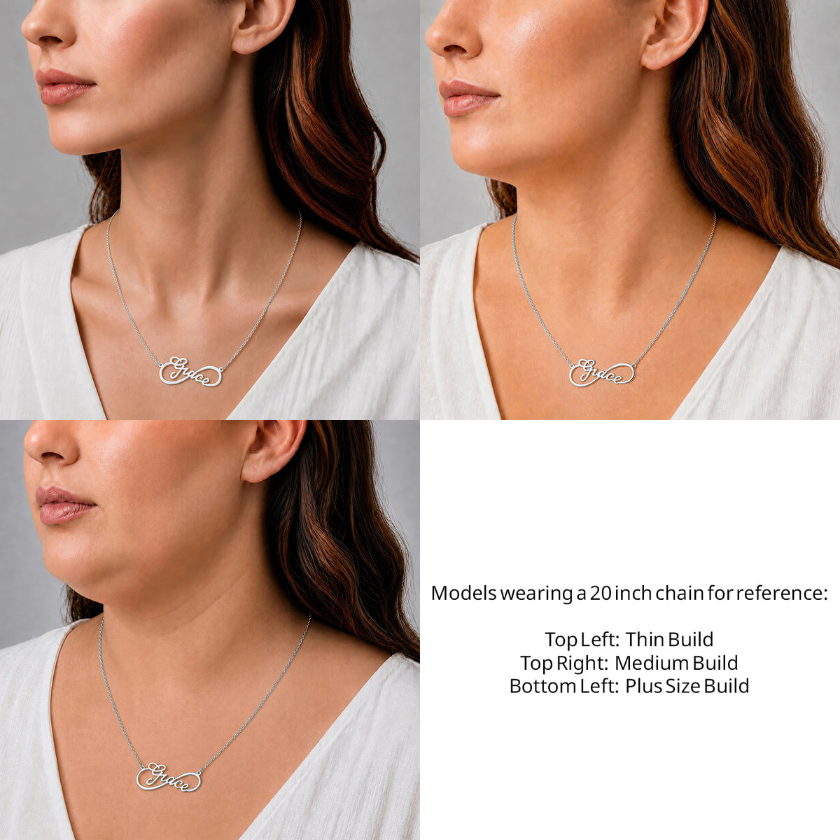 Sterling Silver Infinity Style Name Necklace on a 20-inch chain shown on thin, medium and plus-size models for size reference – AJ's Jewelry