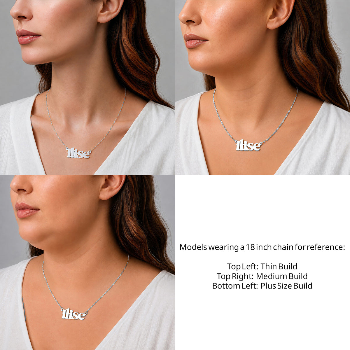 Sterling Silver Lowercase Bold Name Necklace on an 18-inch chain shown on thin, medium and plus-size models for size reference – AJ's Jewelry