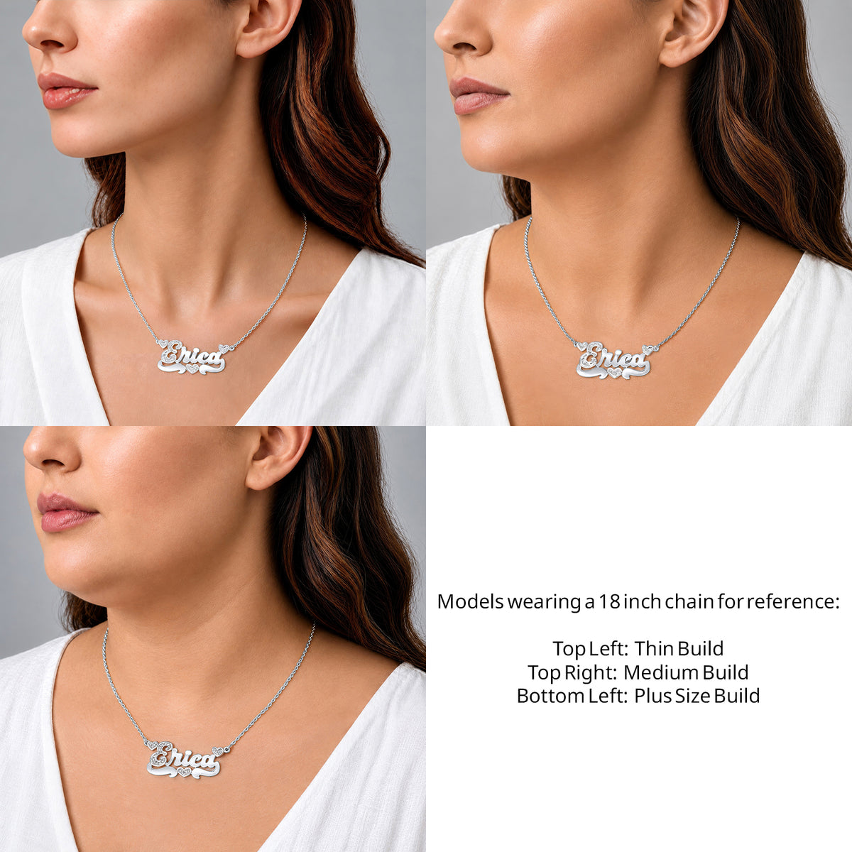 Sterling Silver Polished and Diamond Cut 3D Name Necklace with Three Hearts on an 18-inch chain shown on thin, medium and plus-size models for size reference – AJ's Jewelry