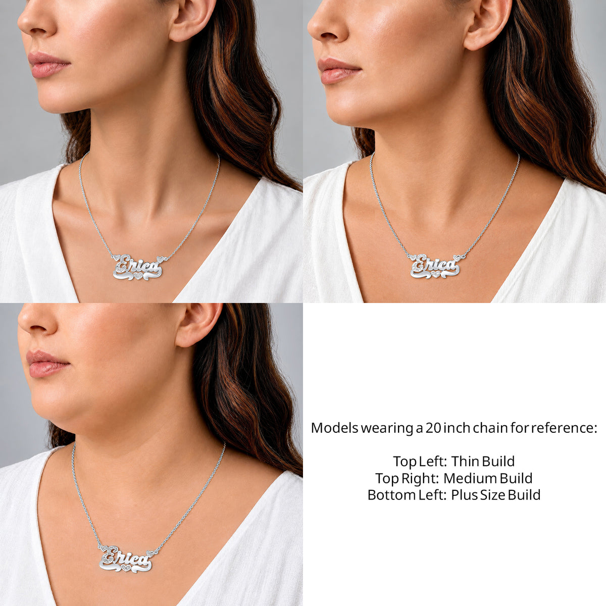 Sterling Silver Polished and Diamond Cut 3D Name Necklace with Three Hearts on a 20-inch chain shown on thin, medium and plus-size models for size reference – AJ's Jewelry