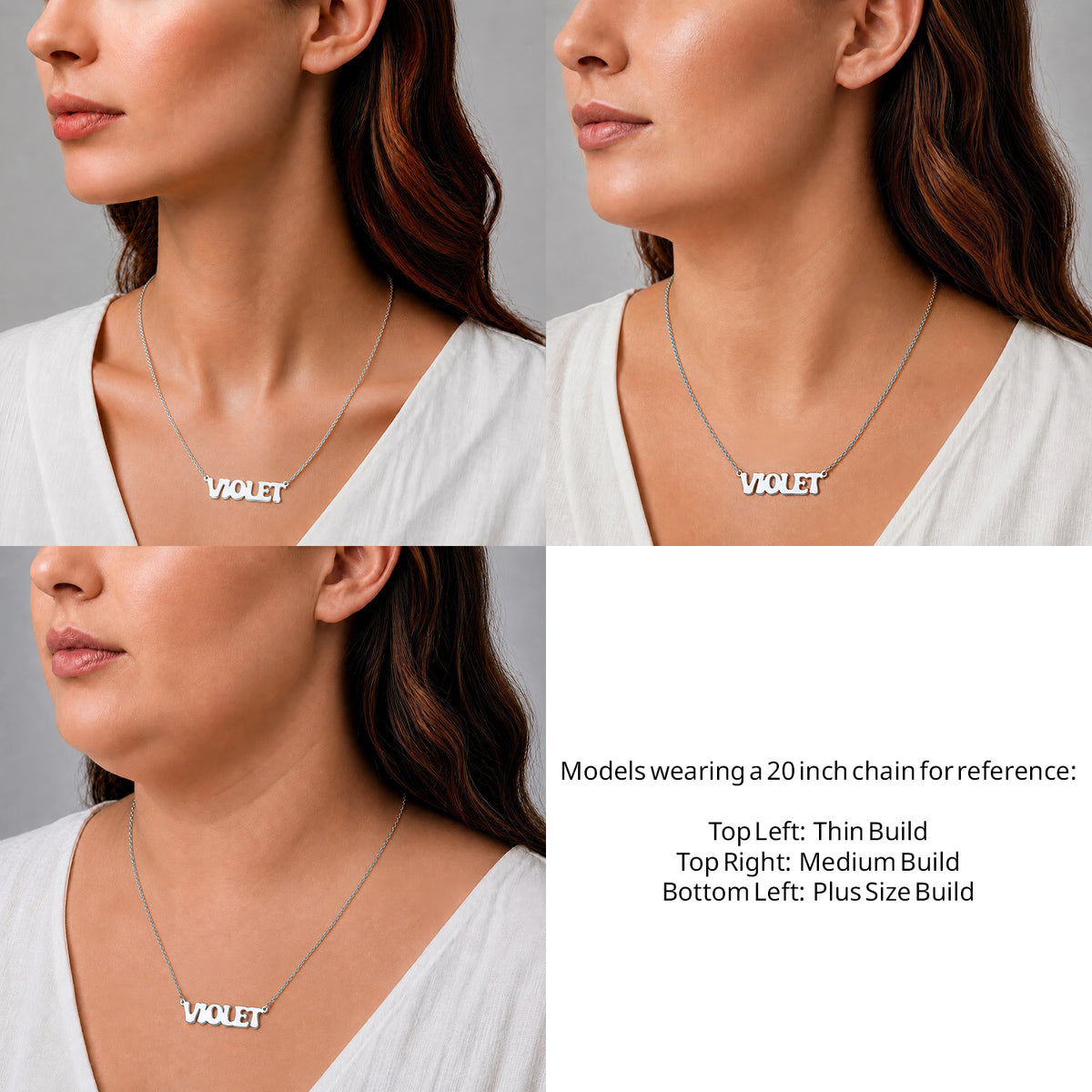 Sterling Silver Retro Letter Style Name Necklace on a 20-inch chain shown on thin, medium and plus-size models for size reference – AJ's Jewelry
