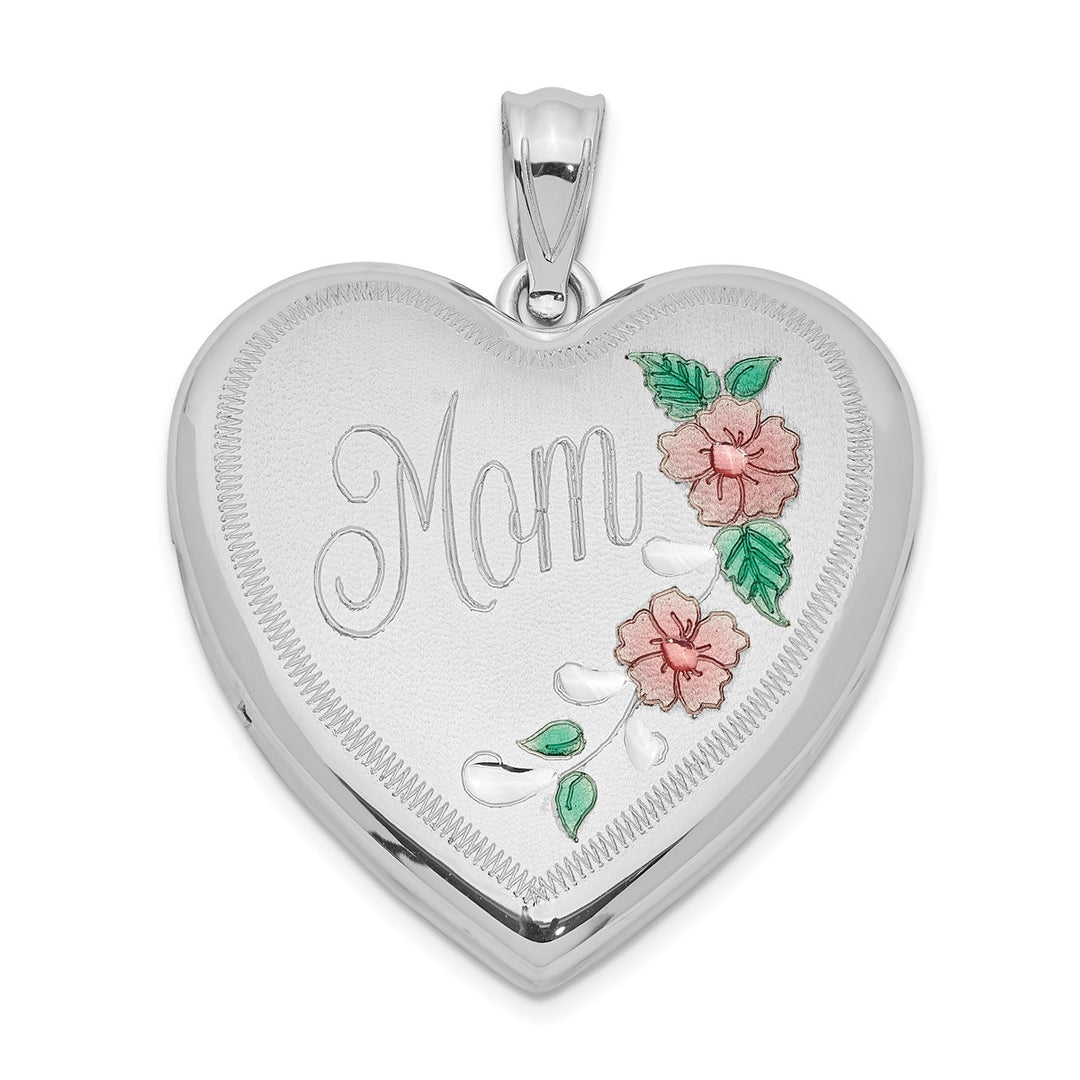 Sterling Silver Rhodium-plated 24mm Enameled Floral Mom Heart Locket — AJ's Jewelry Ridgewood Queens NY