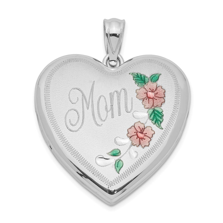 Sterling Silver Rhodium-plated 24mm Enameled Floral Mom Heart Locket — AJ's Jewelry Ridgewood Queens NY