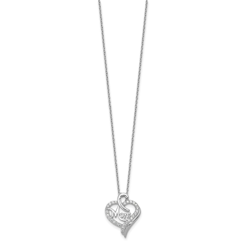 Sterling Silver Rhodium-plated Brilliant-cut CZ MOM Heart 18 Inch Necklace with 2 Inch Extender — View 2 — AJ's Jewelry Queen